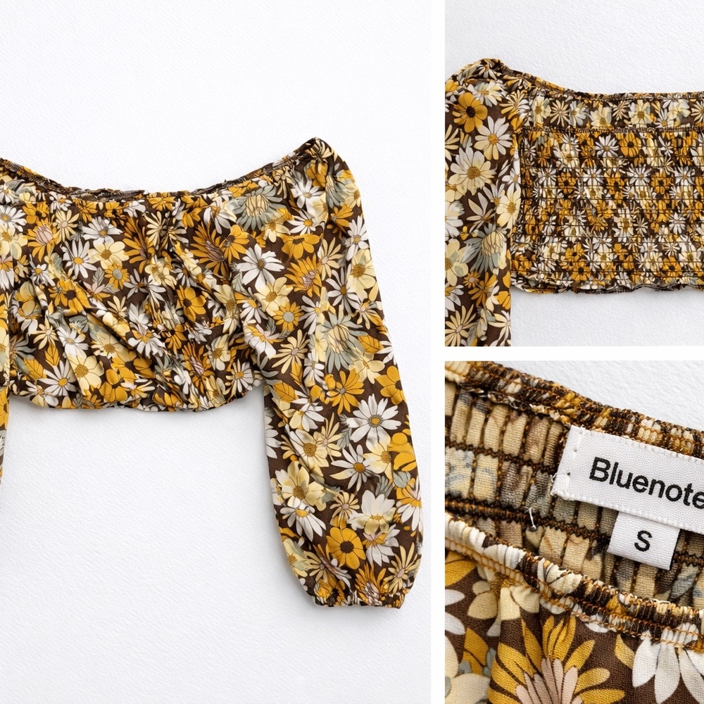 Bluenotes Brown Mustard Floral Off-Shoulder Crop Top